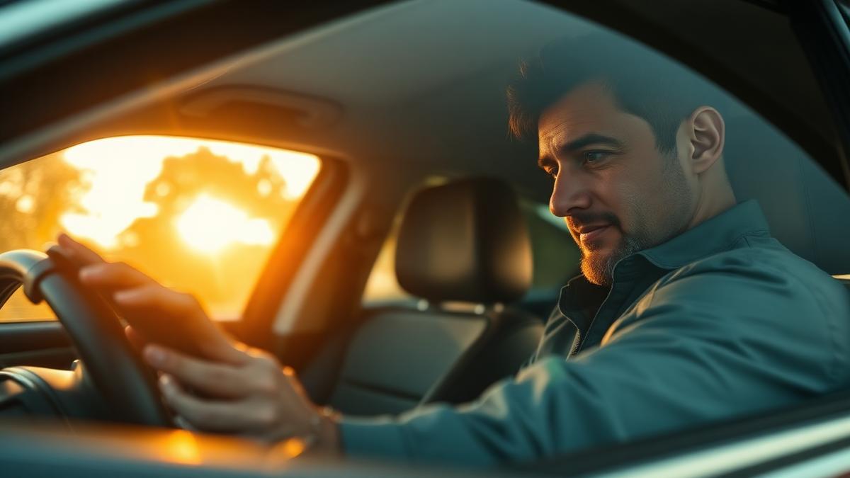 Motorista de aplicativo dentro do carro conferindo os ganhos do dia no celular