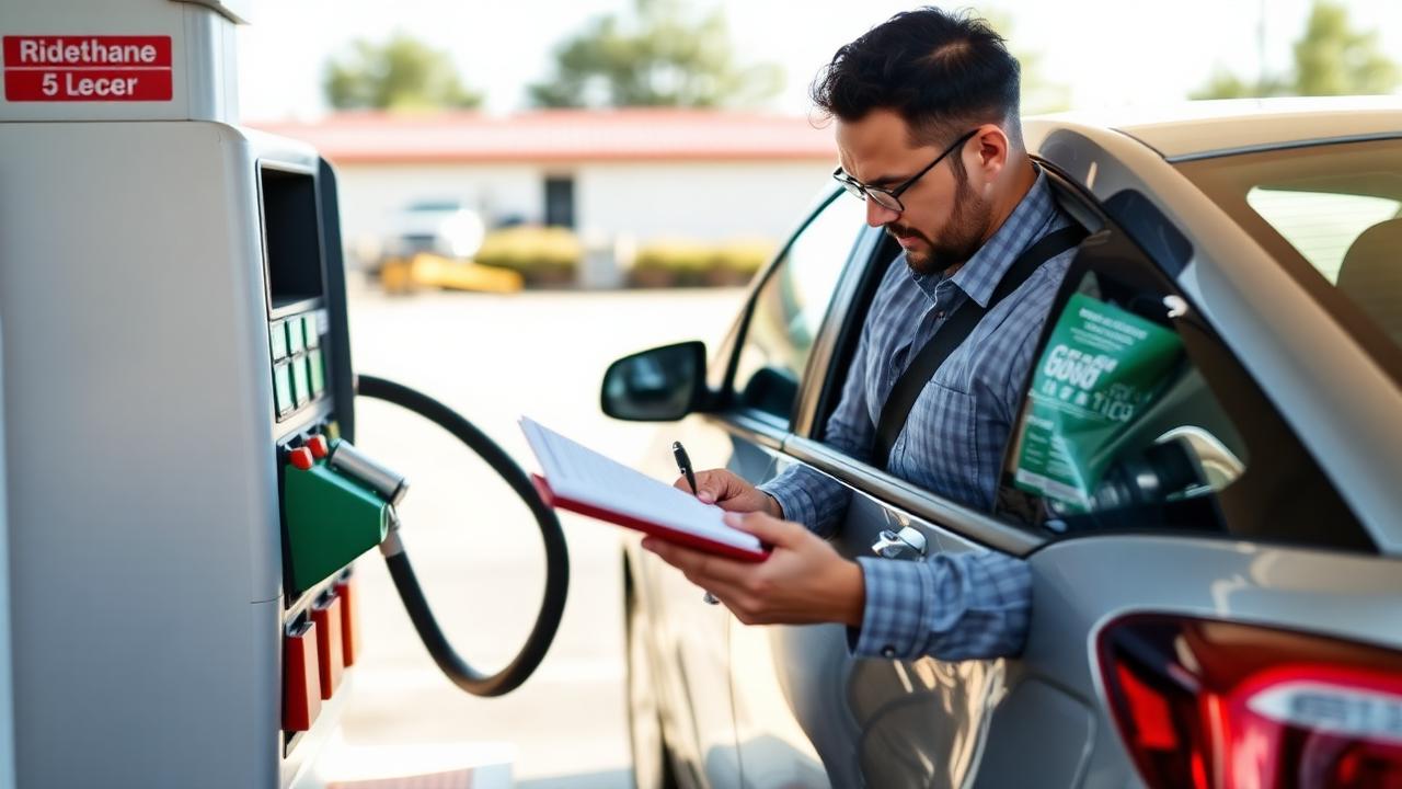 Motorista de aplicativo abastecendo o carro e anotando as despesas do dia