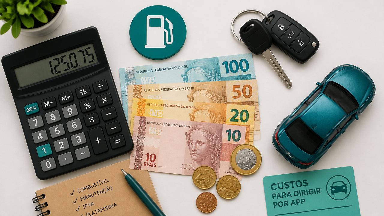 Calculadora, notas de real, chave de carro e ícone de combustível representando os custos do motorista