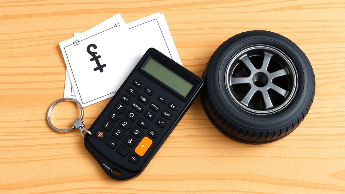 Calculadora, chave de carro e pneu representando os custos do motorista de aplicativo