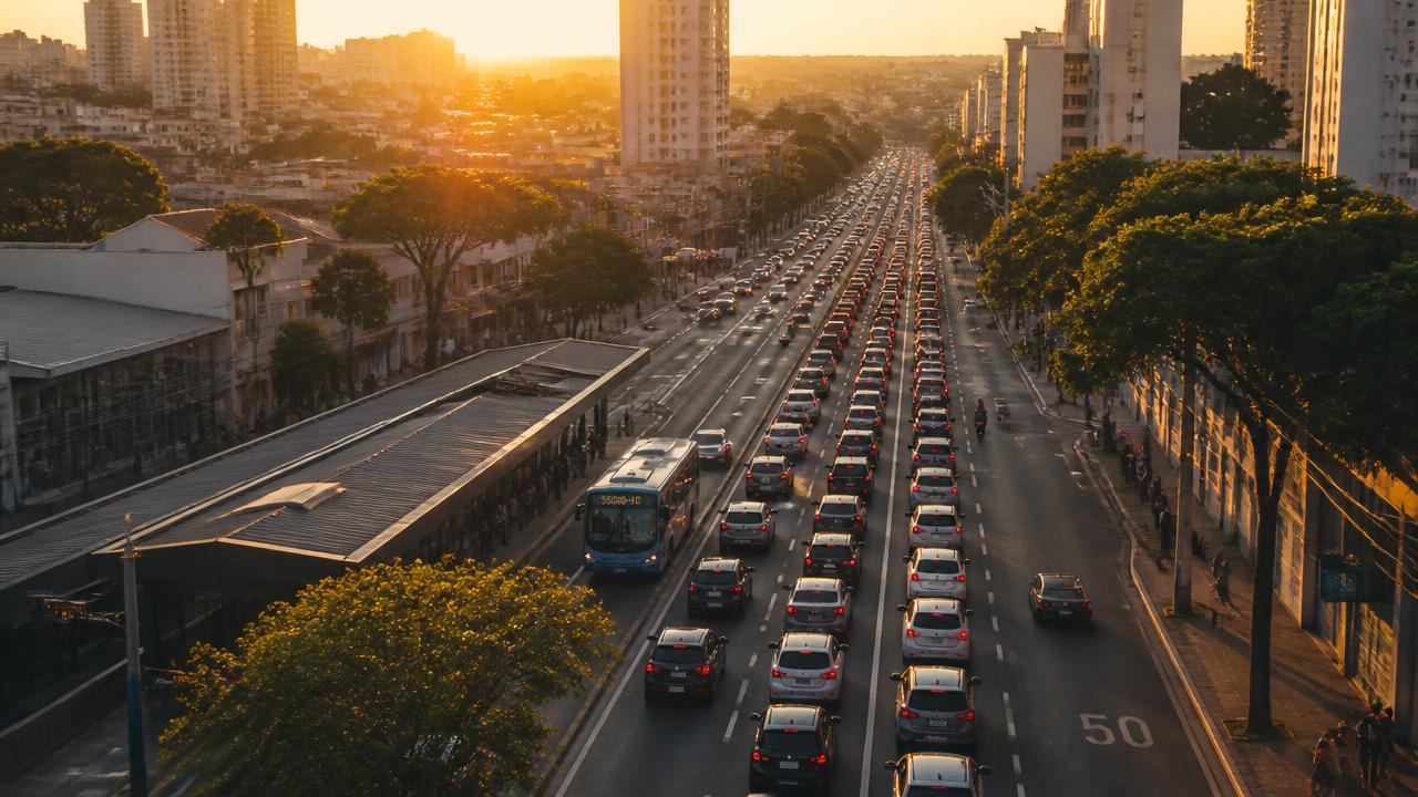 Avenida movimentada durante o horário de pico em cidade brasileira