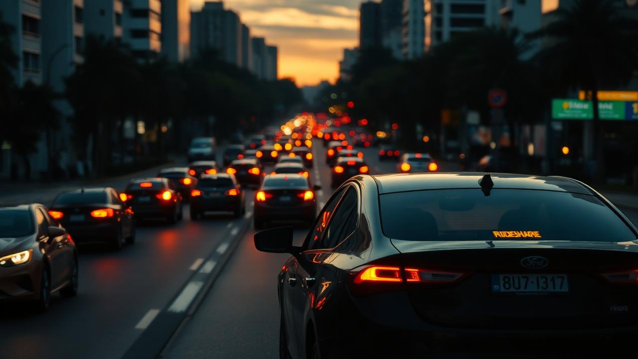 Avenida movimentada de uma cidade brasileira no fim da tarde, com trânsito intenso e carro de aplicativo em primeiro plano