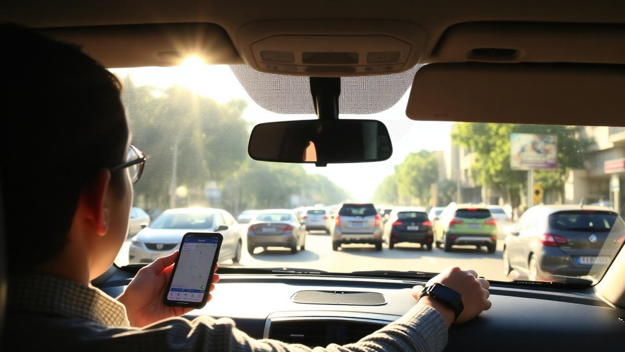Motorista de aplicativo no trânsito da manhã observando o mapa no celular