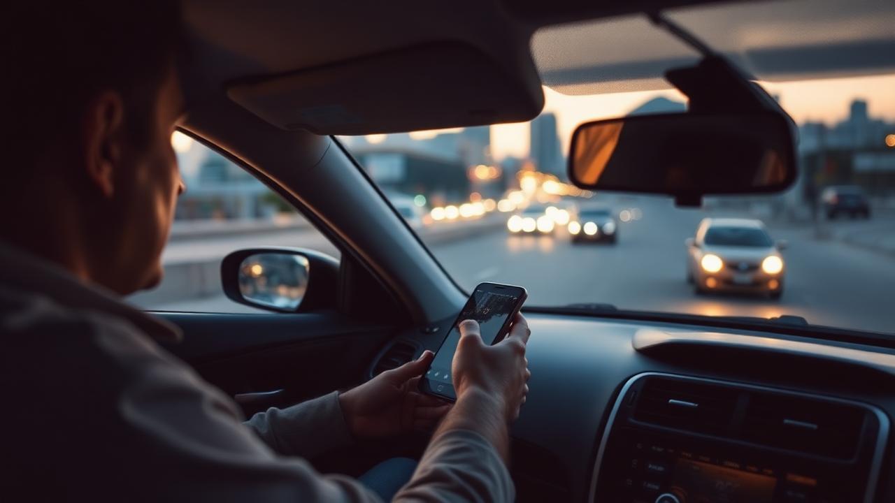 Motorista de aplicativo dentro do carro olhando o celular com o app de corridas no final da tarde