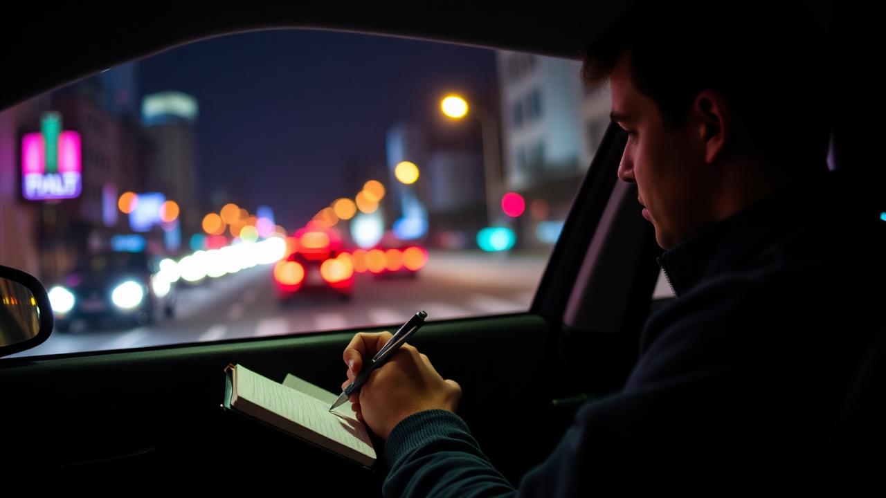 Motorista de aplicativo anotando os ganhos do dia em um caderno dentro do carro à noite