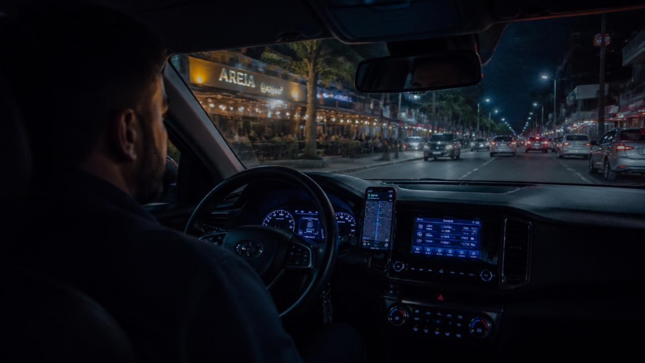 Motorista de aplicativo dirigindo à noite em avenida com bares e restaurantes iluminados