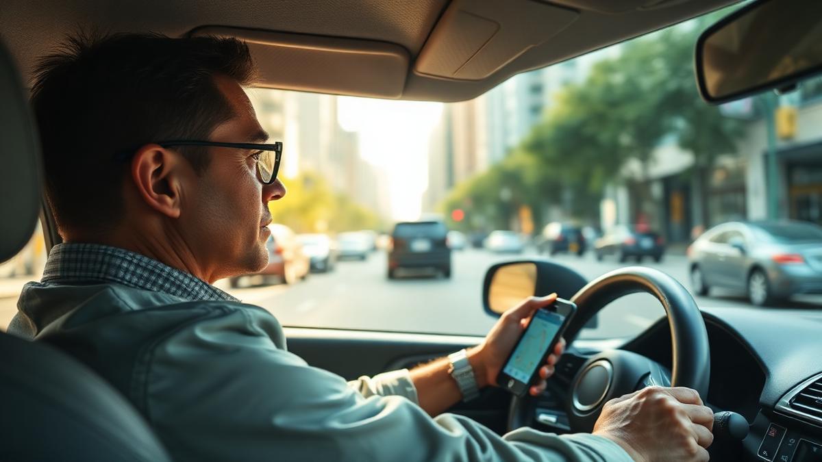Motorista de aplicativo conferindo aplicativo de corridas no celular enquanto dirige em cidade brasileira