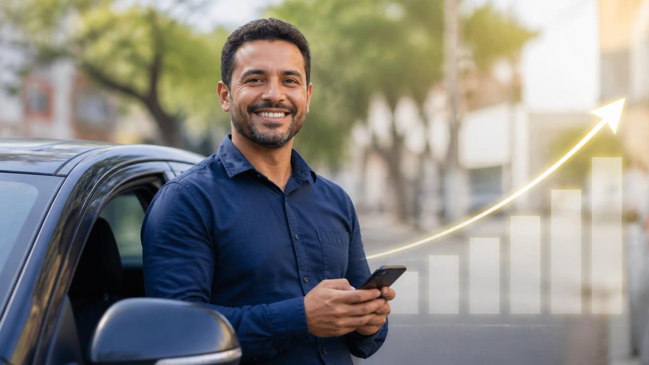 Motorista de aplicativo sorrindo ao lado do carro, representando crescimento e decisões financeiras conscientes