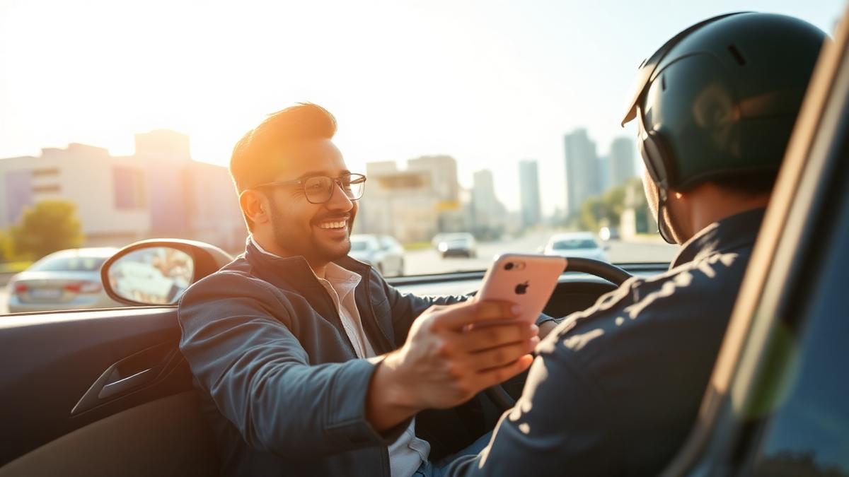 Motorista de aplicativo sorrindo ao lado do carro com caderneta de anotações financeiras