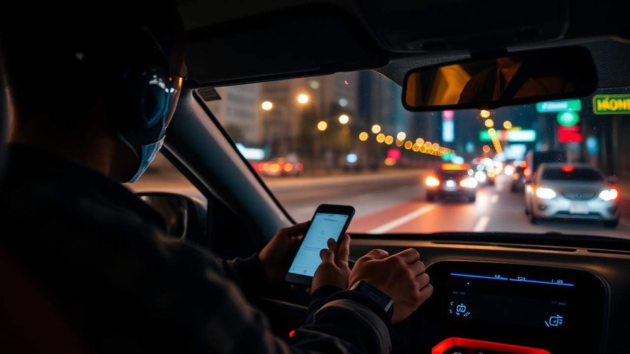 Motorista de aplicativo registrando ganhos e quilometragem dentro do carro à noite