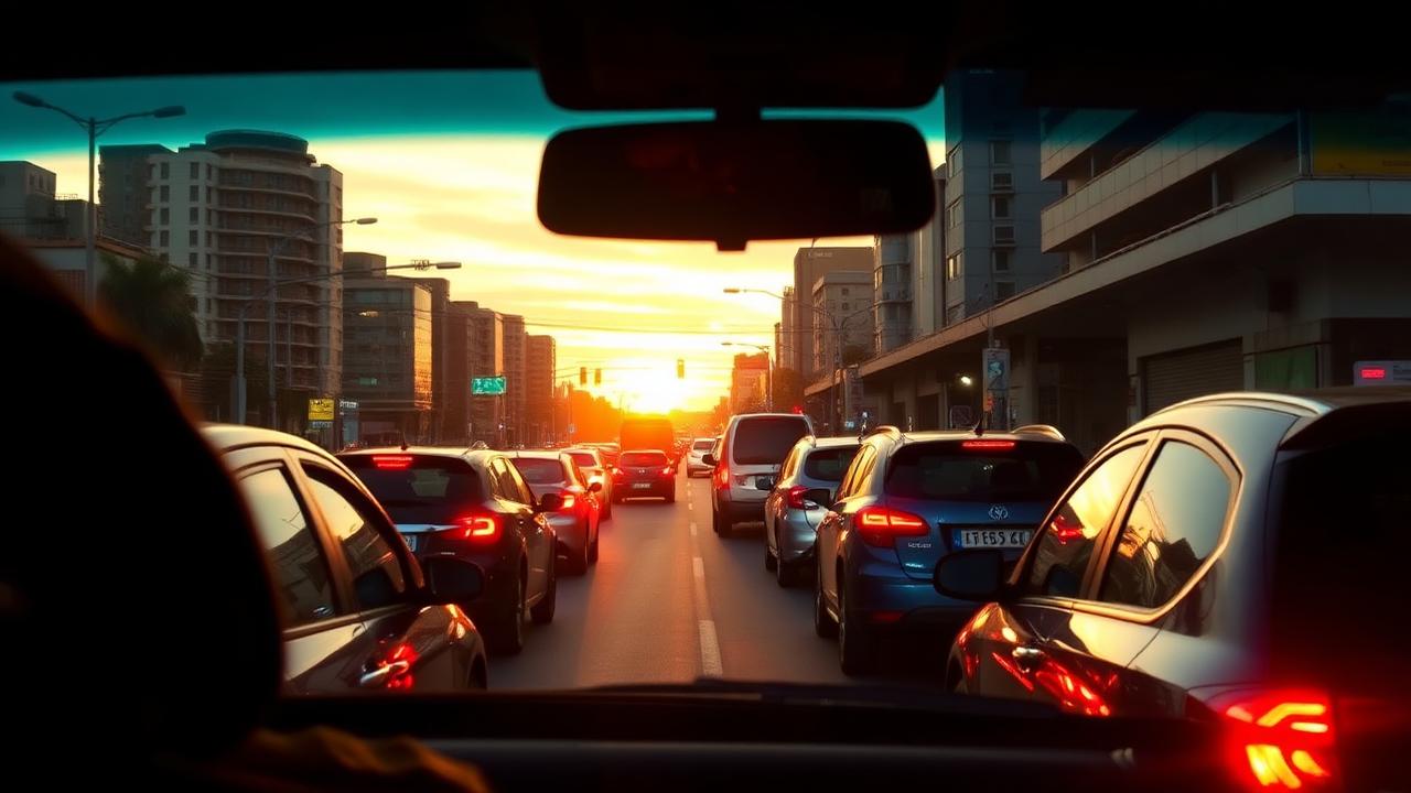 Trânsito congestionado no final da tarde visto do interior de um carro