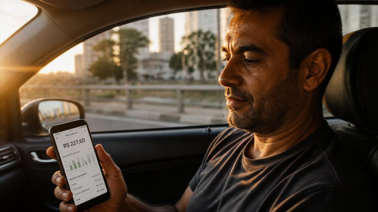Motorista de aplicativo dentro do carro observando os ganhos do dia no celular ao entardecer
