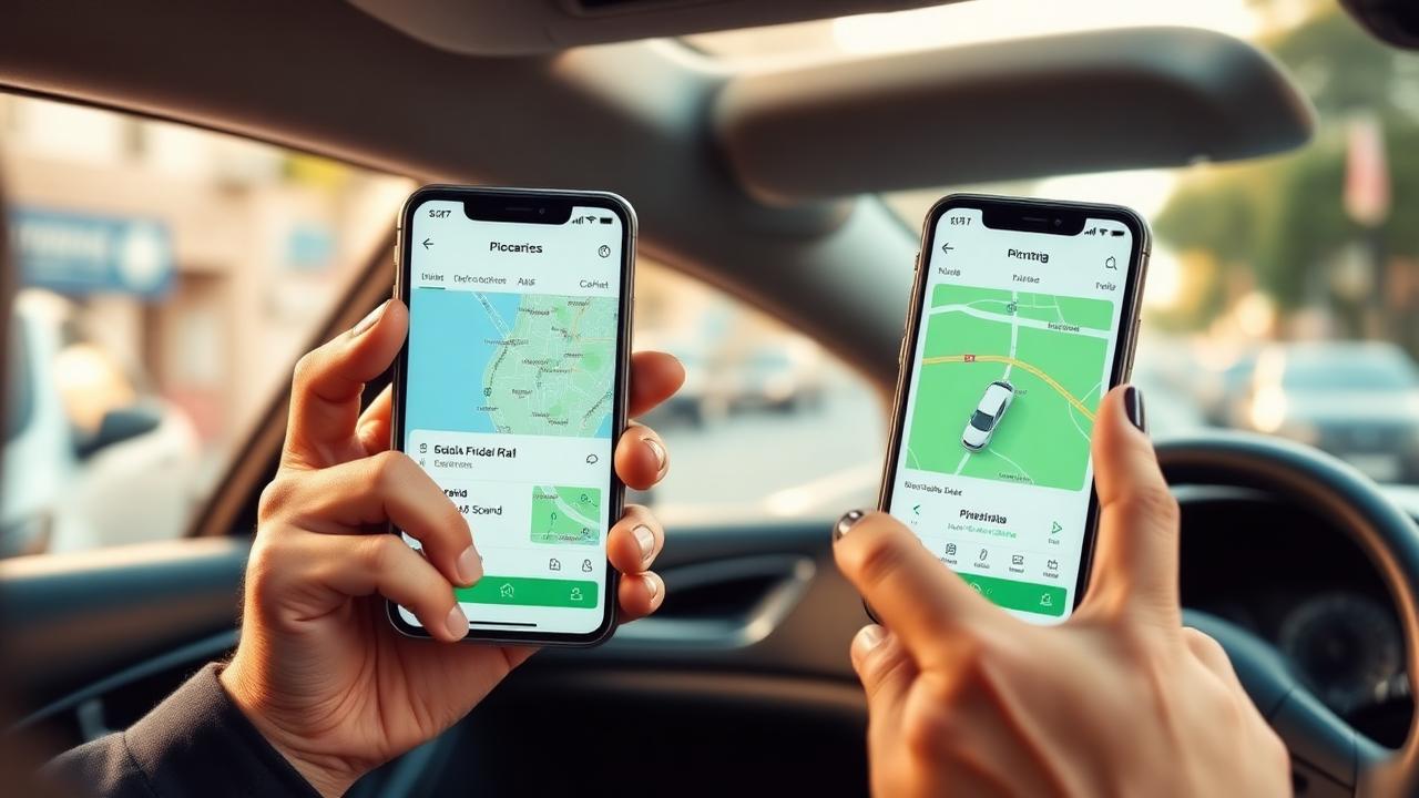 Motorista de aplicativo comparando os aplicativos Uber e 99 em dois celulares dentro do carro
